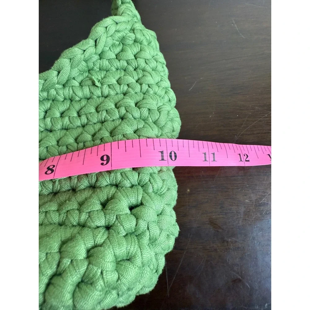 Crochet Shoulder Bag Women's Green Knitted Purse Wooden Button Closure Hobo
